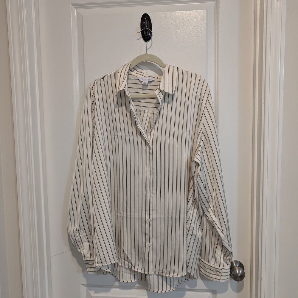 Old Navy Cream and Black Striped Button-Up Blouse XXL TALL